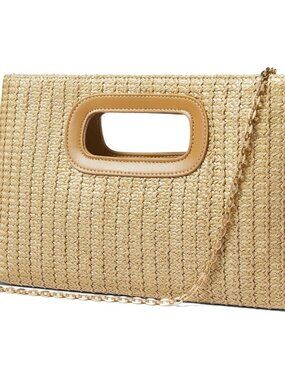 Women Khaki Top Handle Straw Clutch Raffia Woven Shoulder Crossbody Handbag